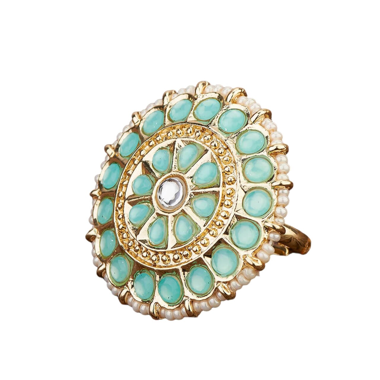 Kundan Pearl Ring with Gold Plating Vintage Round Statement Ring for Women Boho Open Wrap Finger Rings Adjustable Indian Bollywood Jewelry Hand Accessories for Wedding Party Gift